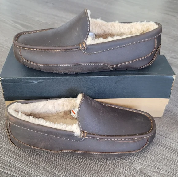 Ugg Ascot Moccasins Slippers Loafers Mens Size 10 Gray Leather Shearling Slip On UGG Gray Slippers for Men 10 US Shoe for sale | eBay main image 2